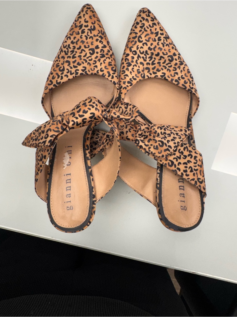Gianni Bini Leopard Print Pointed Toe Bow Mules - Tan/Black